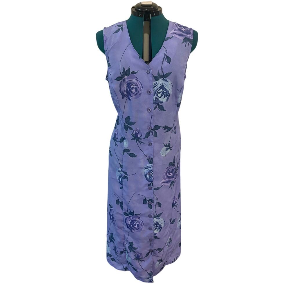 Vintage Expressions Dress 20W Floral V Neck Sheath Sleeveless Career Button Down